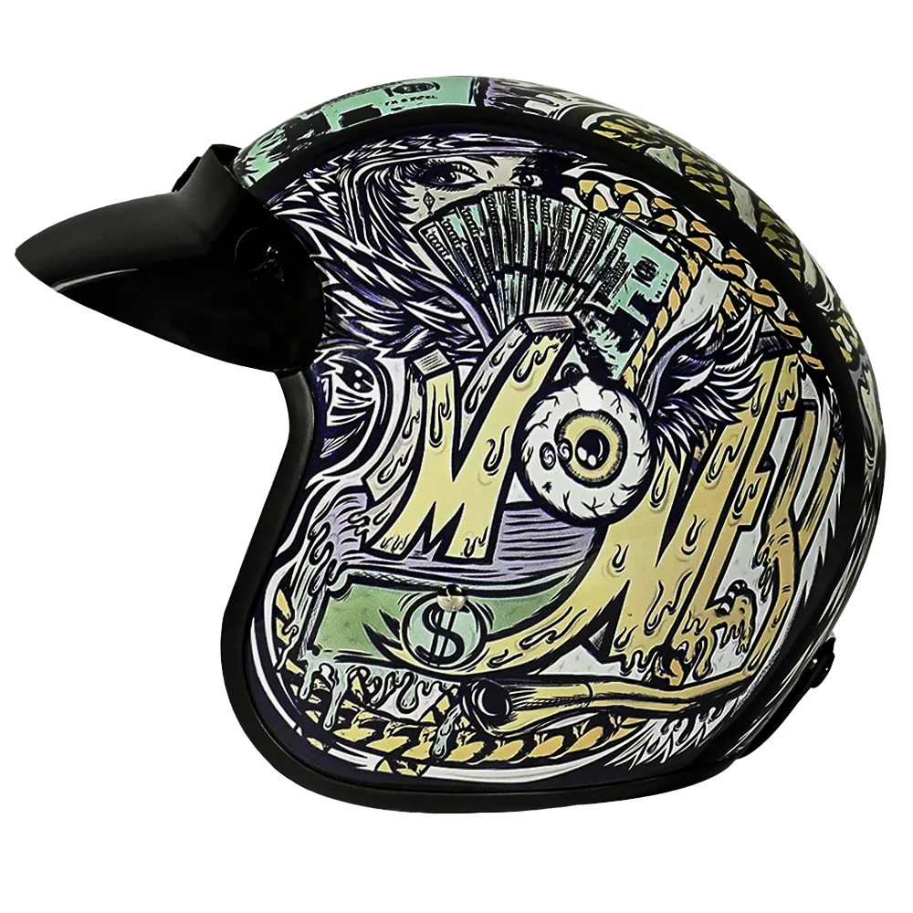 DOT Approved Daytona Cruiser Open Face Motorcycle Helmet - Men, Women & Youth - With Visor & Graphics - W/ Money