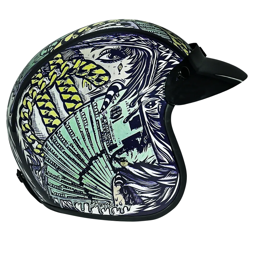 DOT Approved Daytona Cruiser Open Face Motorcycle Helmet - Men, Women & Youth - With Visor & Graphics - W/ Money