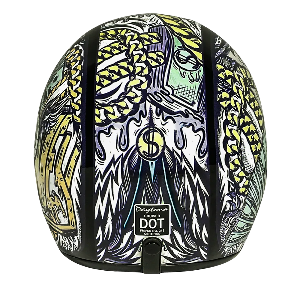 DOT Approved Daytona Cruiser Open Face Motorcycle Helmet - Men, Women & Youth - With Visor & Graphics - W/ Money