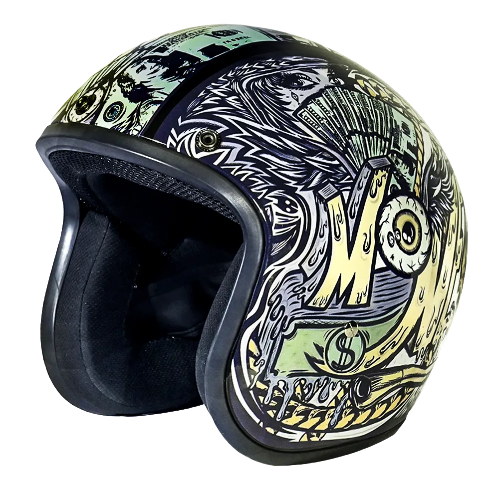 DOT Approved Daytona Cruiser Open Face Motorcycle Helmet - Men, Women & Youth - With Visor & Graphics - W/ Money
