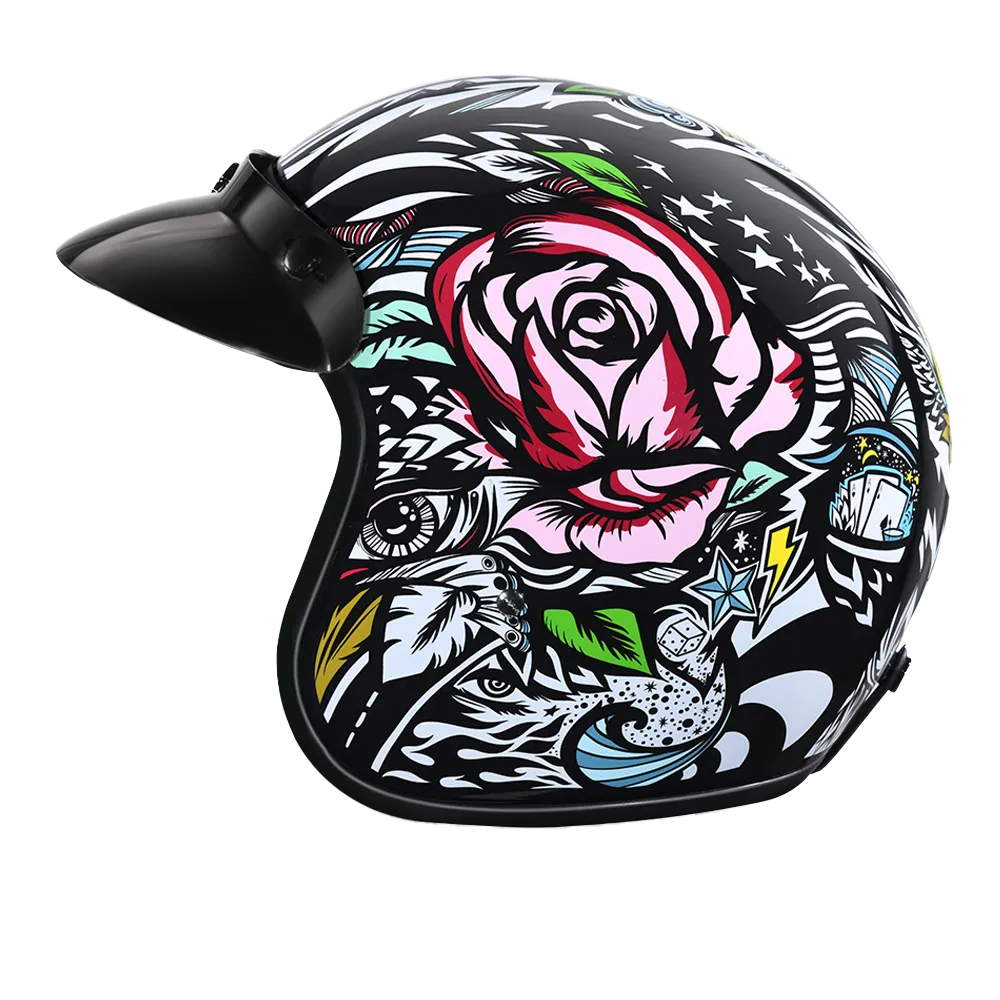 DOT Approved Daytona Cruiser Open Face Motorcycle Helmet - Men, Women & Youth - With Visor & Graphics - W/ Tribal