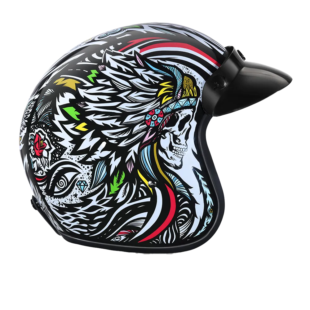 DOT Approved Daytona Cruiser Open Face Motorcycle Helmet - Men, Women & Youth - With Visor & Graphics - W/ Tribal