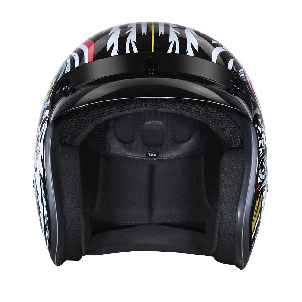 DOT Approved Daytona Cruiser Open Face Motorcycle Helmet - Men, Women & Youth - With Visor & Graphics - W/ Tribal