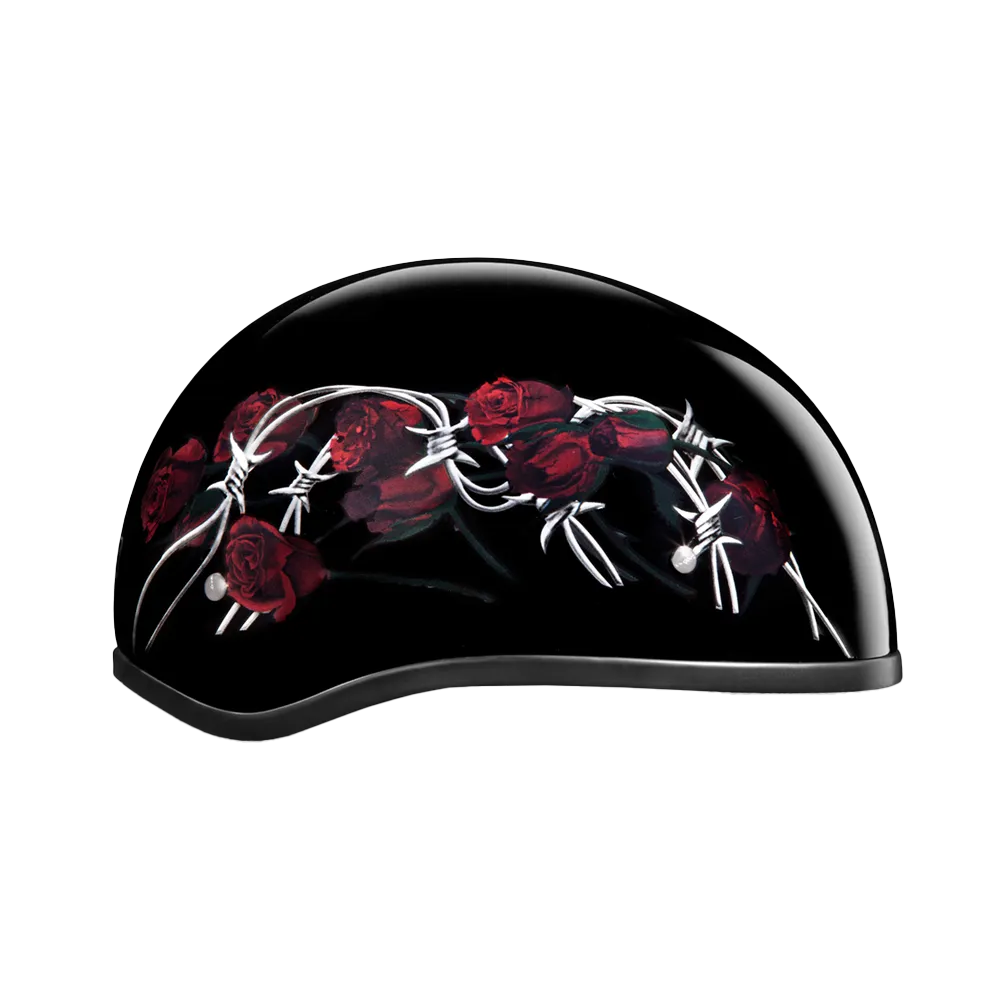 DOT Approved Daytona Motorcycle Half Face Helmet - Skull Cap Graphics for Men & Women, Scooters, ATVs, UTVs & Choppers - W/ Barbed Roses