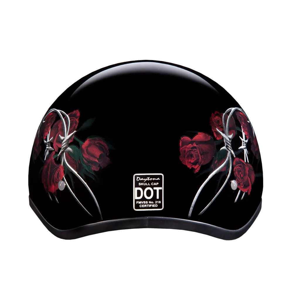 DOT Approved Daytona Motorcycle Half Face Helmet - Skull Cap Graphics for Men & Women, Scooters, ATVs, UTVs & Choppers - W/ Barbed Roses