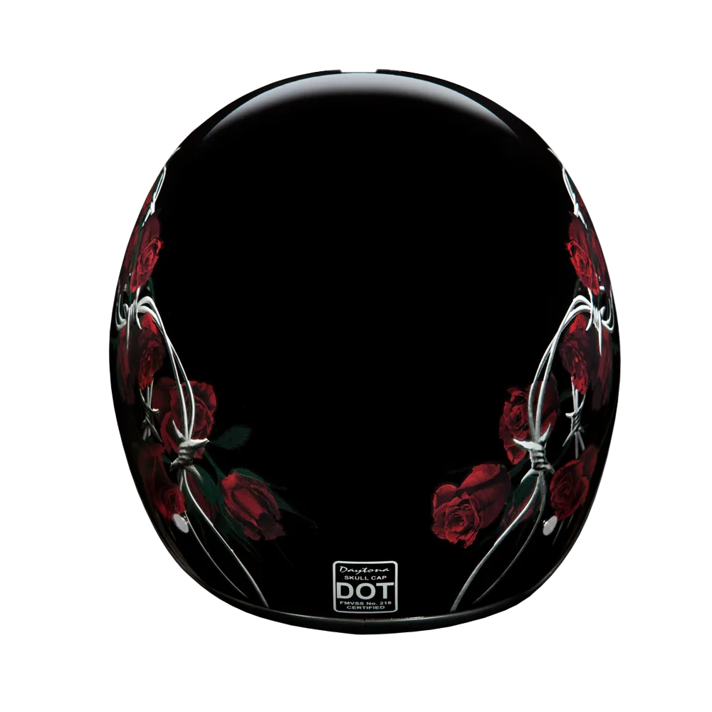 DOT Approved Daytona Motorcycle Half Face Helmet - Skull Cap Graphics for Men & Women, Scooters, ATVs, UTVs & Choppers - W/ Barbed Roses