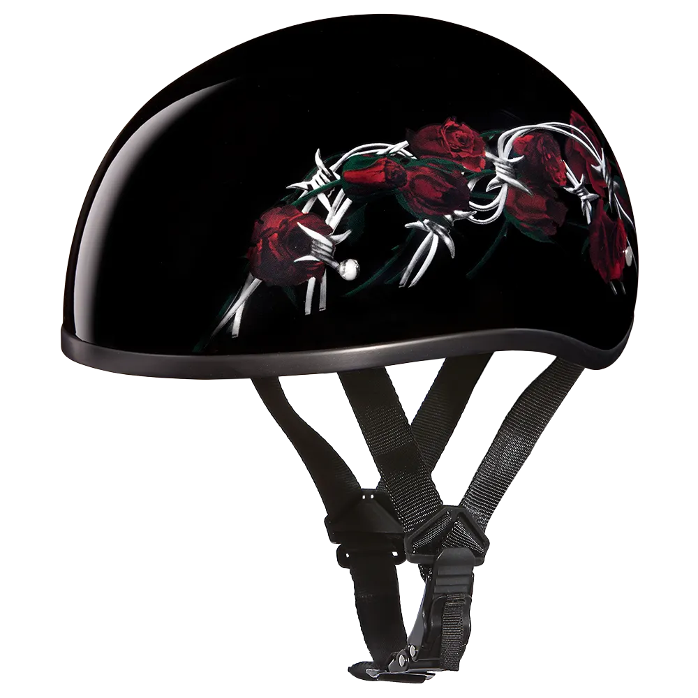 DOT Approved Daytona Motorcycle Half Face Helmet - Skull Cap Graphics for Men & Women, Scooters, ATVs, UTVs & Choppers - W/ Barbed Roses