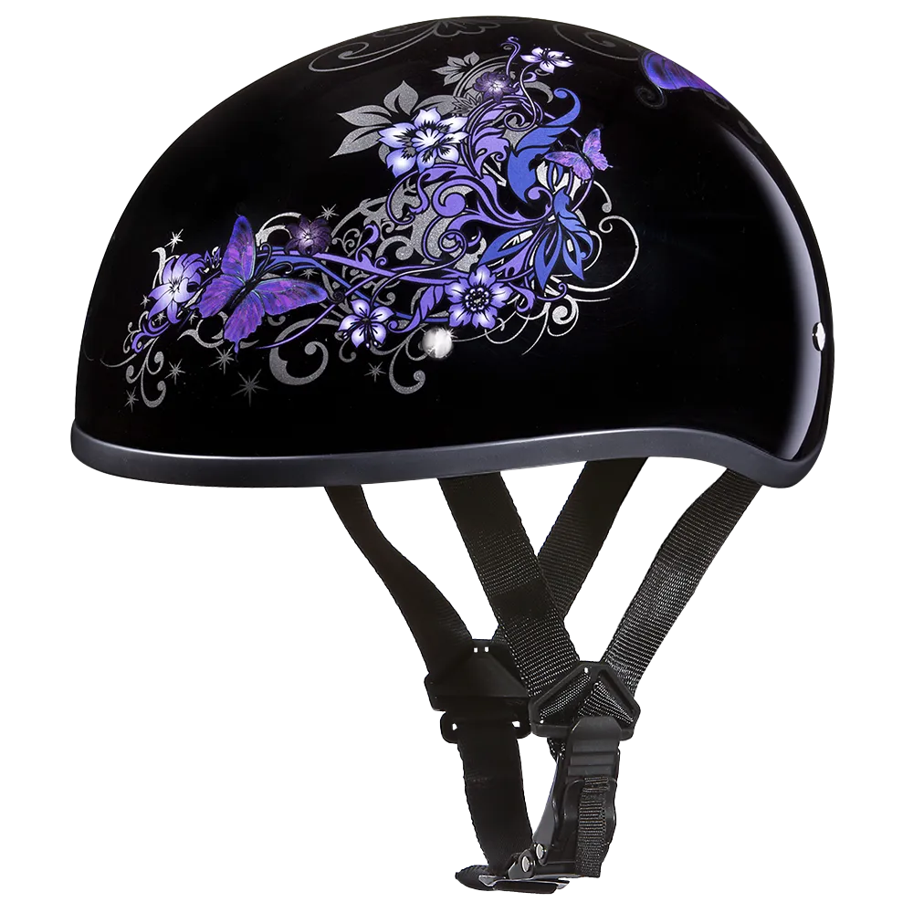 DOT Approved Daytona Motorcycle Half Face Helmet - Skull Cap Graphics for Men & Women, Scooters, ATVs, UTVs & Choppers - W/ Butterfly