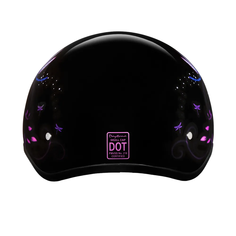 DOT Approved Daytona Motorcycle Half Face Helmet - Skull Cap Graphics for Men & Women, Scooters, ATVs, UTVs & Choppers - W/ Dragonfly