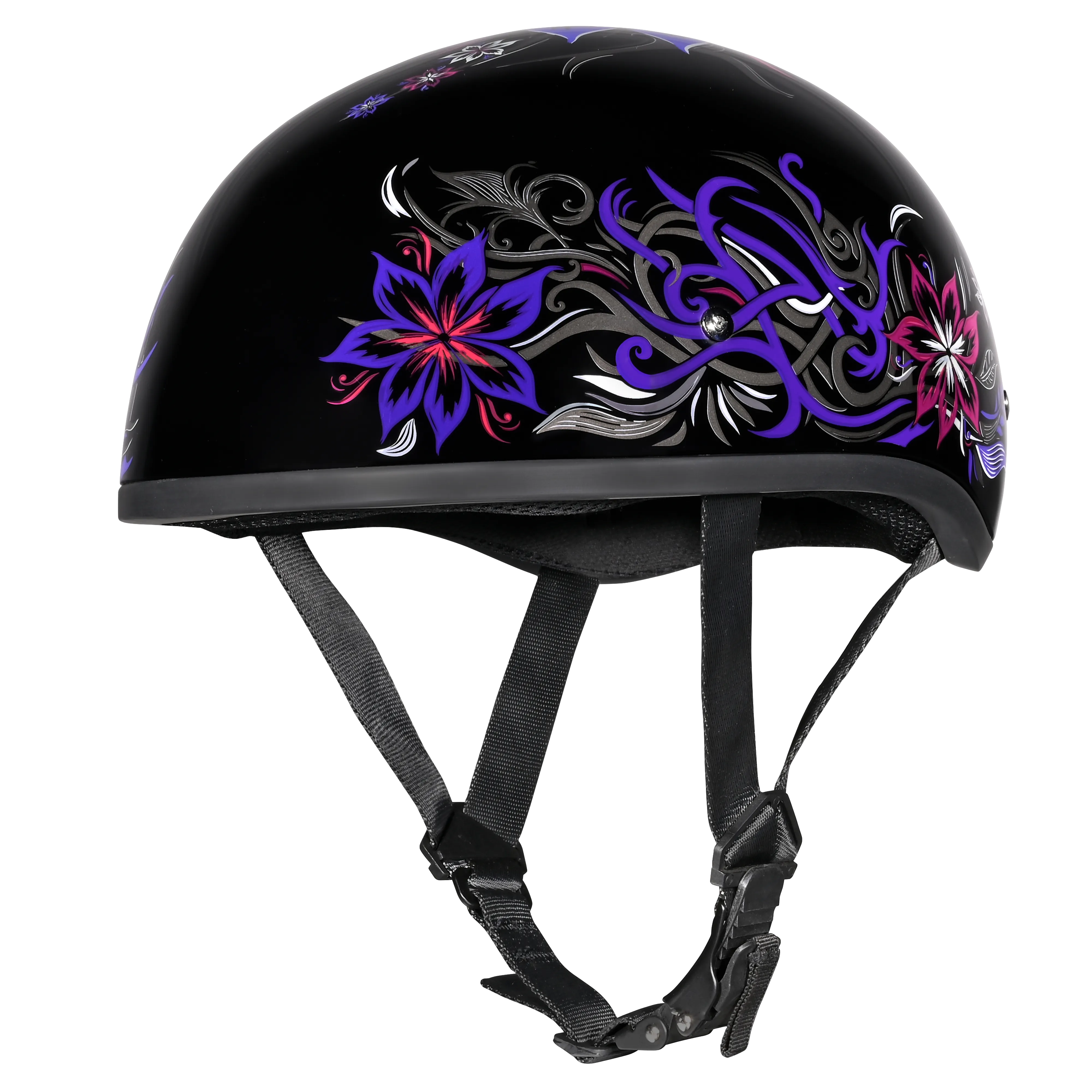 DOT Approved Daytona Motorcycle Half Face Helmet - Skull Cap Graphics for Men & Women, Scooters, ATVs, UTVs & Choppers - W/ Flowers