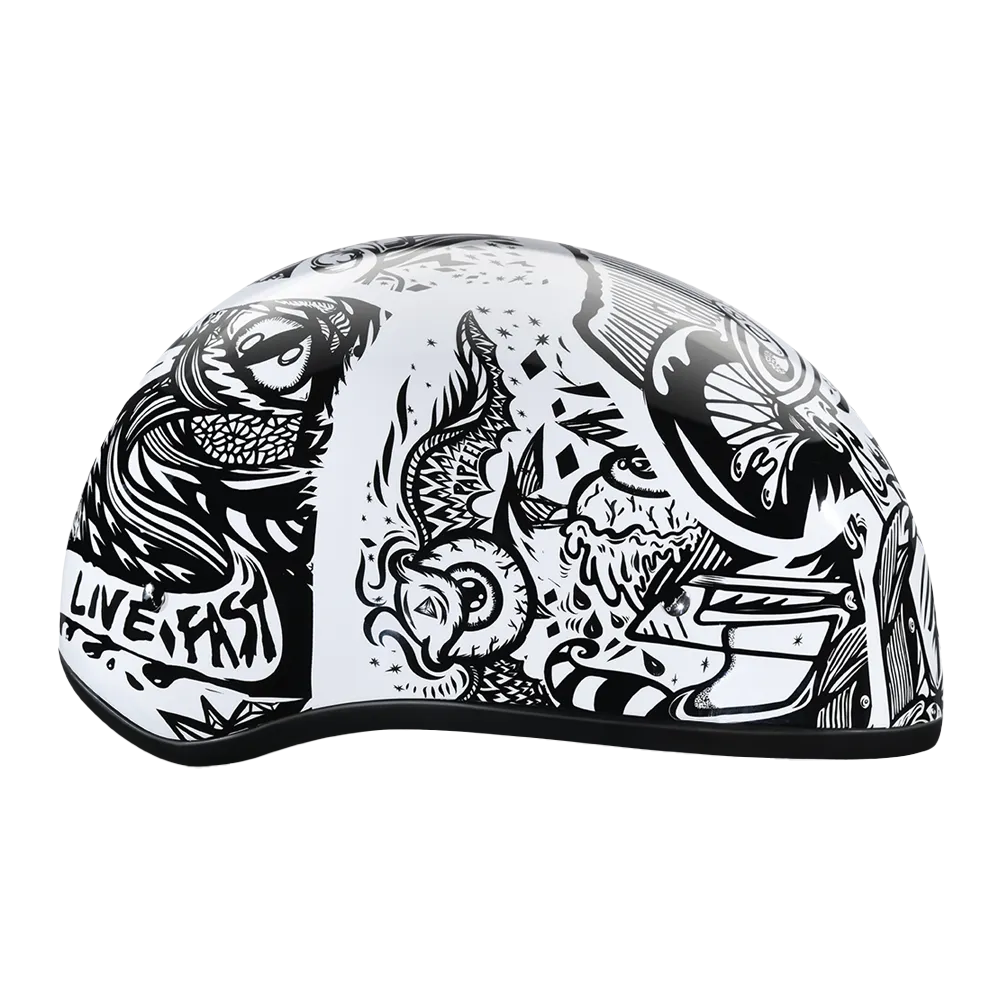 DOT Approved Daytona Motorcycle Half Face Helmet - Skull Cap Graphics for Men & Women, Scooters, ATVs, UTVs & Choppers - W/ Live Fast