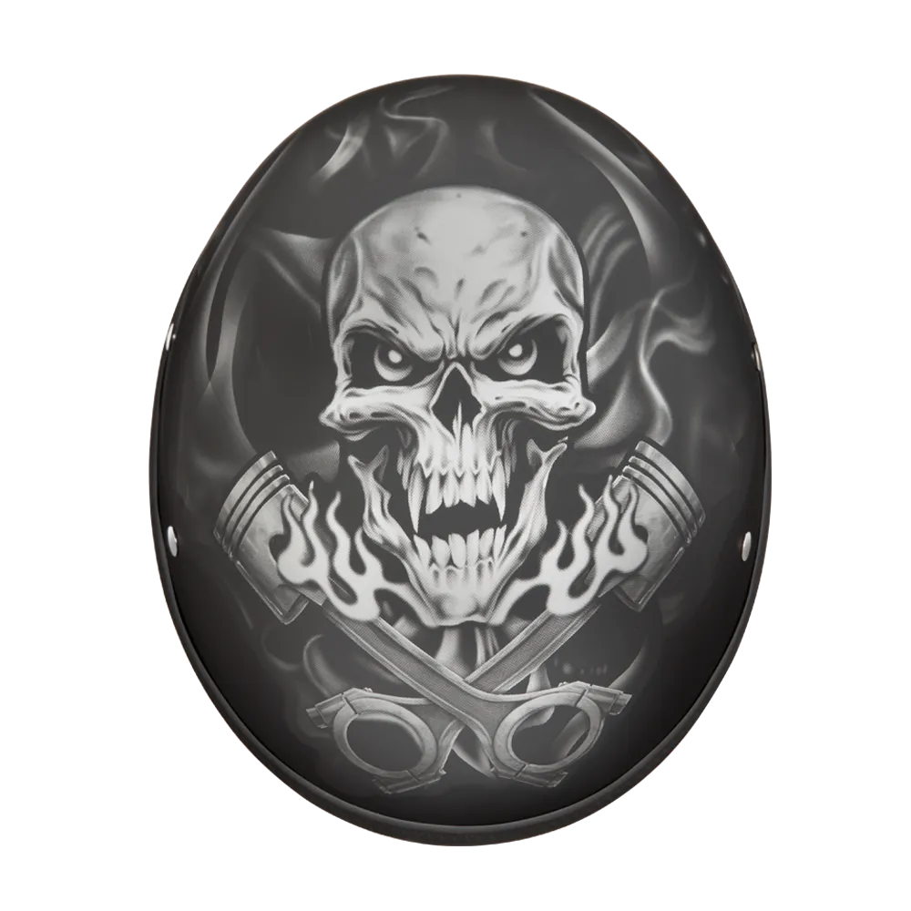 DOT Approved Daytona Motorcycle Half Face Helmet - Skull Cap Graphics for Men & Women, Scooters, ATVs, UTVs & Choppers - W/  Pistons Skull