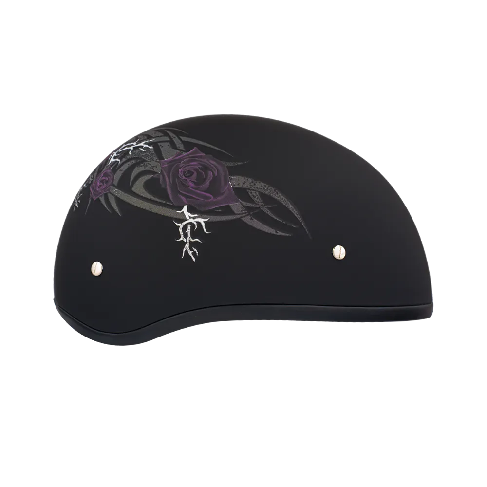 DOT Approved Daytona Motorcycle Half Face Helmet - Skull Cap Graphics for Men & Women, Scooters, ATVs, UTVs & Choppers - W/ Purple Rose