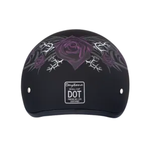 DOT Approved Daytona Motorcycle Half Face Helmet - Skull Cap Graphics for Men & Women, Scooters, ATVs, UTVs & Choppers - W/ Purple Rose