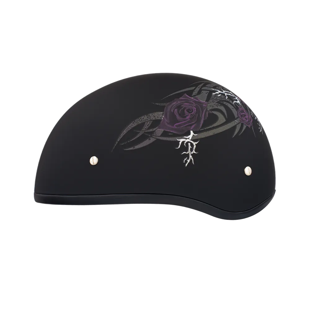 DOT Approved Daytona Motorcycle Half Face Helmet - Skull Cap Graphics for Men & Women, Scooters, ATVs, UTVs & Choppers - W/ Purple Rose