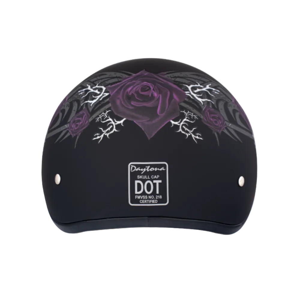 DOT Approved Daytona Motorcycle Half Face Helmet - Skull Cap Graphics for Men & Women, Scooters, ATVs, UTVs & Choppers - W/ Purple Rose