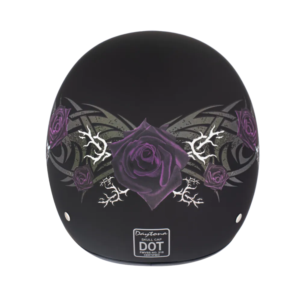 DOT Approved Daytona Motorcycle Half Face Helmet - Skull Cap Graphics for Men & Women, Scooters, ATVs, UTVs & Choppers - W/ Purple Rose