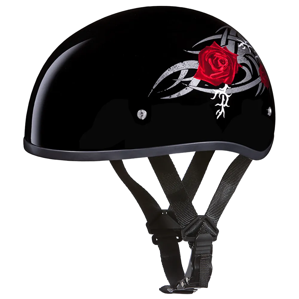 DOT Approved Daytona Motorcycle Half Face Helmet - Skull Cap Graphics for Men & Women, Scooters, ATVs, UTVs & Choppers - W/ Rose