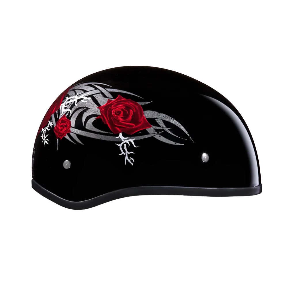 DOT Approved Daytona Motorcycle Half Face Helmet - Skull Cap Graphics for Men & Women, Scooters, ATVs, UTVs & Choppers - W/ Rose