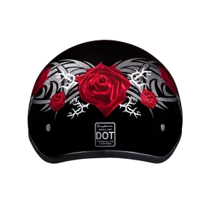 DOT Approved Daytona Motorcycle Half Face Helmet - Skull Cap Graphics for Men & Women, Scooters, ATVs, UTVs & Choppers - W/ Rose