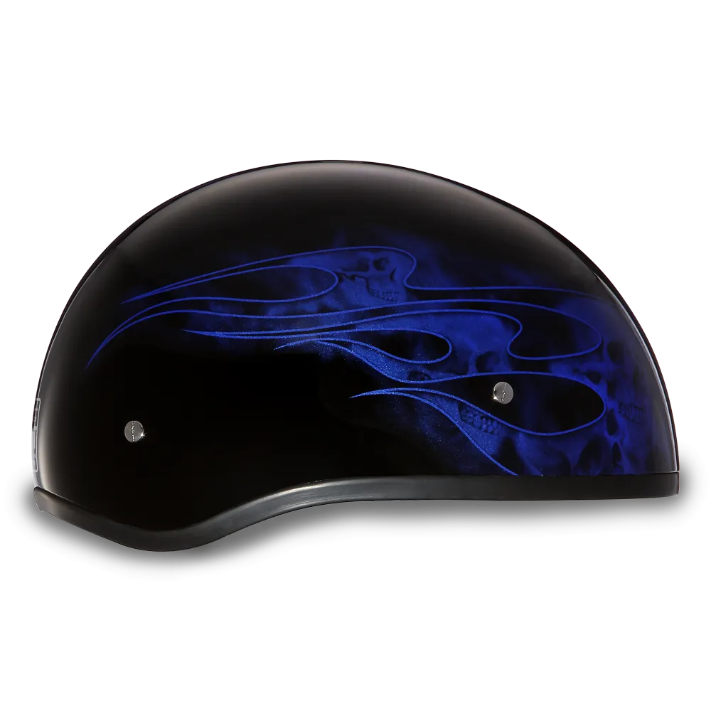 DOT Approved Daytona Motorcycle Half Face Helmet - Skull Cap Graphics for Men & Women, Scooters, ATVs, UTVs & Choppers - W/ Skull Flames Blue