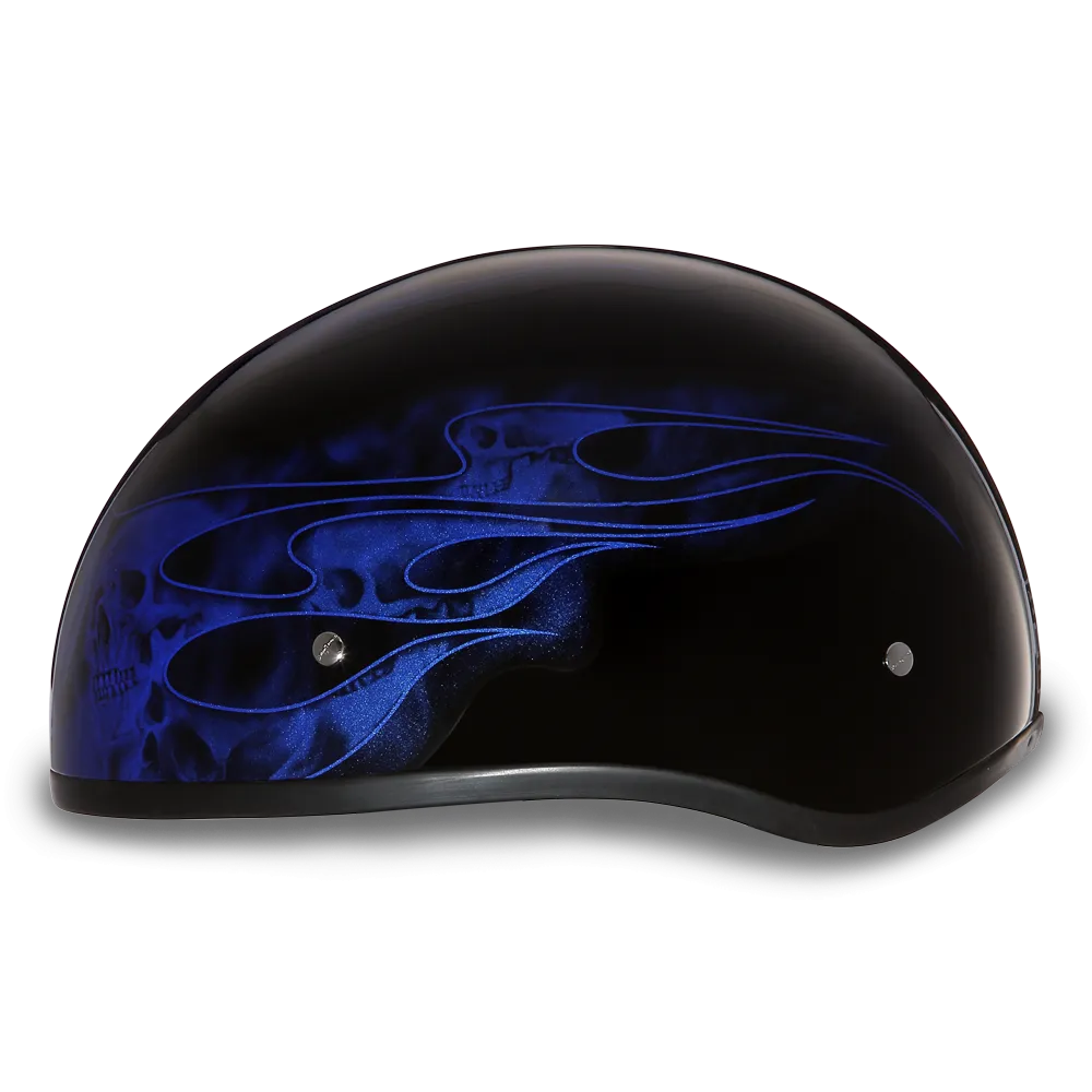 DOT Approved Daytona Motorcycle Half Face Helmet - Skull Cap Graphics for Men & Women, Scooters, ATVs, UTVs & Choppers - W/ Skull Flames Blue