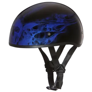 DOT Approved Daytona Motorcycle Half Face Helmet - Skull Cap Graphics for Men & Women, Scooters, ATVs, UTVs & Choppers - W/ Skull Flames Blue