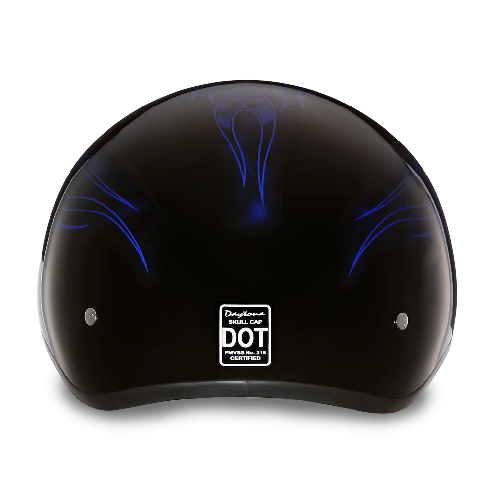 DOT Approved Daytona Motorcycle Half Face Helmet - Skull Cap Graphics for Men & Women, Scooters, ATVs, UTVs & Choppers - W/ Skull Flames Blue
