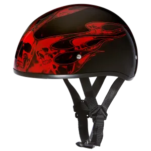 DOT Approved Daytona Motorcycle Half Face Helmet - Skull Cap Graphics for Men & Women, Scooters, ATVs, UTVs & Choppers - W/ Skull Flames Red