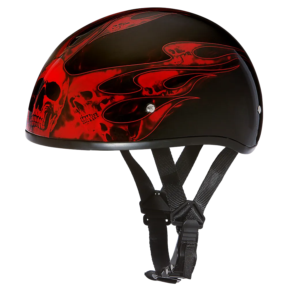 DOT Approved Daytona Motorcycle Half Face Helmet - Skull Cap Graphics for Men & Women, Scooters, ATVs, UTVs & Choppers - W/ Skull Flames Red