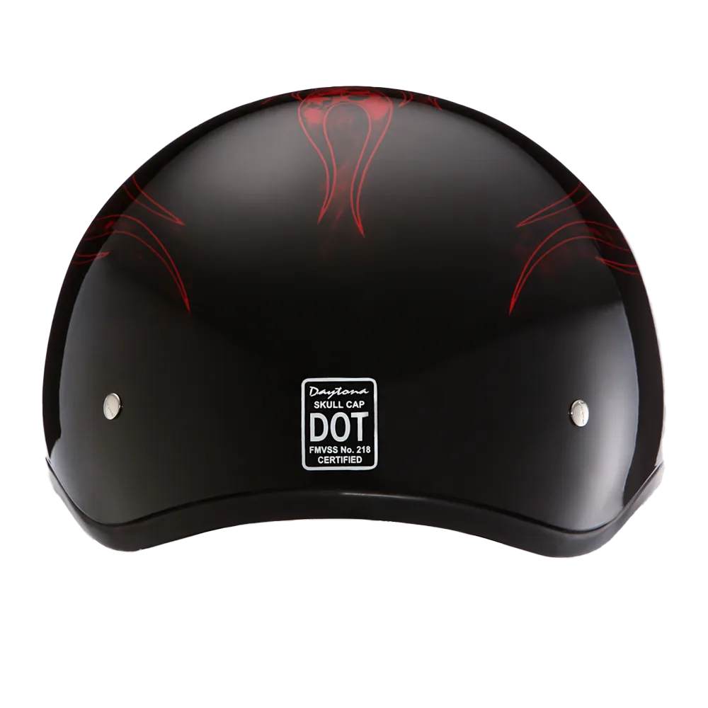 DOT Approved Daytona Motorcycle Half Face Helmet - Skull Cap Graphics for Men & Women, Scooters, ATVs, UTVs & Choppers - W/ Skull Flames Red