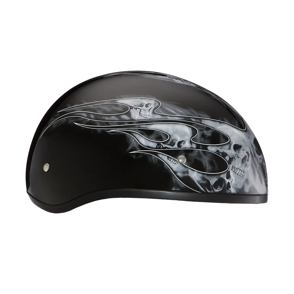 DOT Approved Daytona Motorcycle Half Face Helmet - Skull Cap Graphics for Men & Women, Scooters, ATVs, UTVs & Choppers - W/ Skull Flames Silver