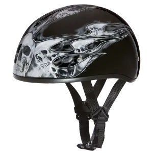 DOT Approved Daytona Motorcycle Half Face Helmet - Skull Cap Graphics for Men & Women, Scooters, ATVs, UTVs & Choppers - W/ Skull Flames Silver