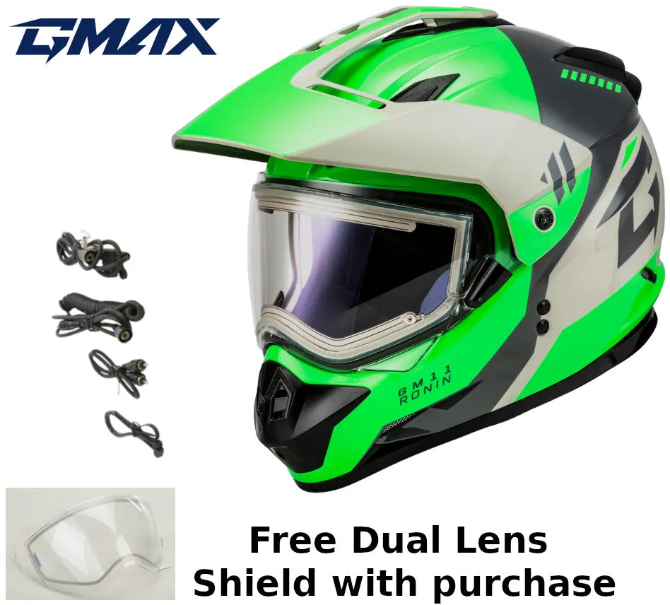 Gmax GM-11S Ronin Snow Helmet Green Grey Electric Shield and Dual Lens